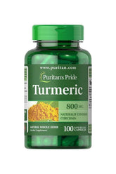 Puritan's Pride Turmeric 800 mg supplement bottle with 100 capsules for health and wellness.